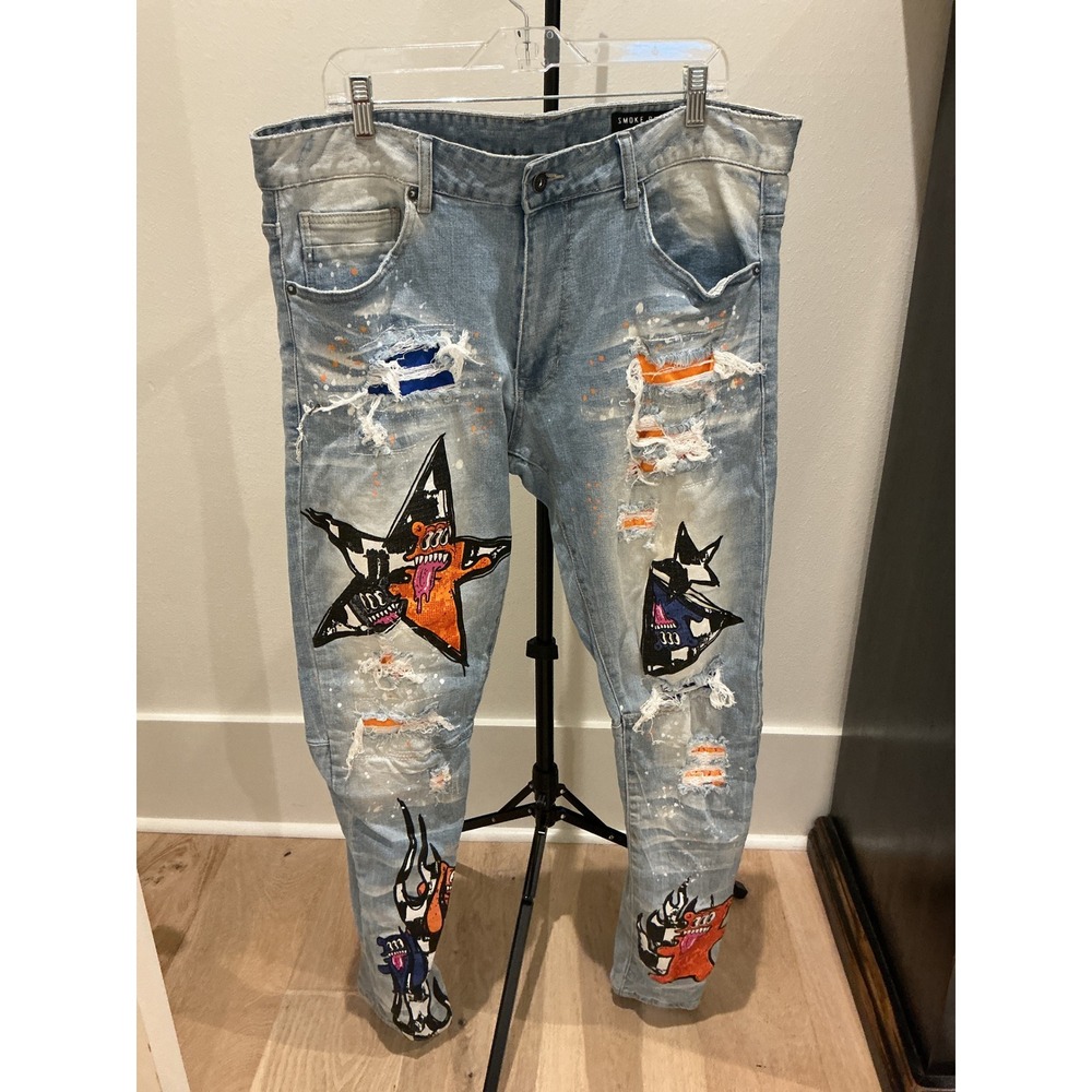 Smoke Rise Mens Distressed Graphic Jeans Light Wash Paint Splatter 38x34